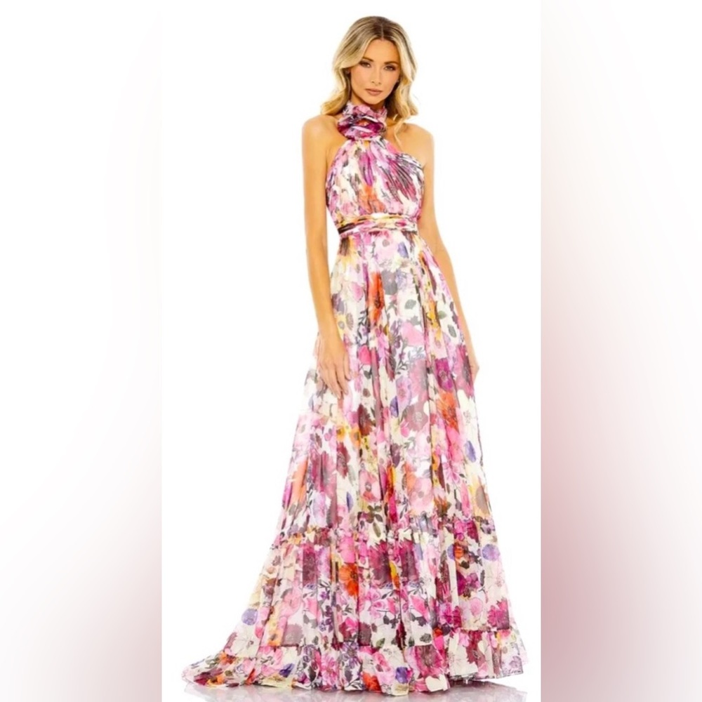 Mac Duggal Asymmetrical Ruffled Halter 
Floral Gown Maxi Dress Sz6 Style #68108